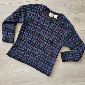 Liz Claiborne Aran Cable Knit Striped Ramie Granny Pullover Sweater Medium